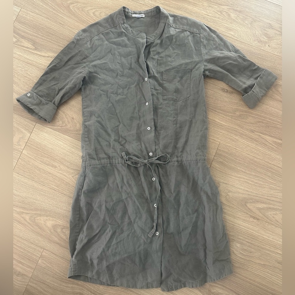 James Perse Linen Button-Front Tie-Waist Shirt Dress in Olive Green